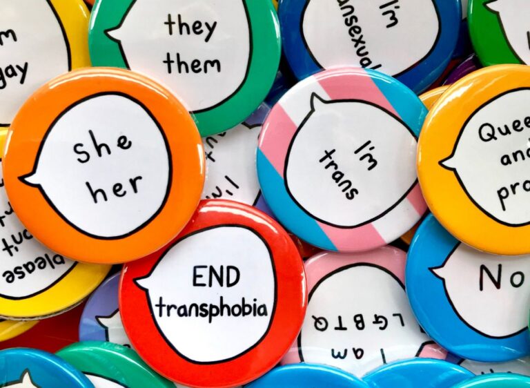 a range of gender pin badges to share your pronouns and sexual preferences